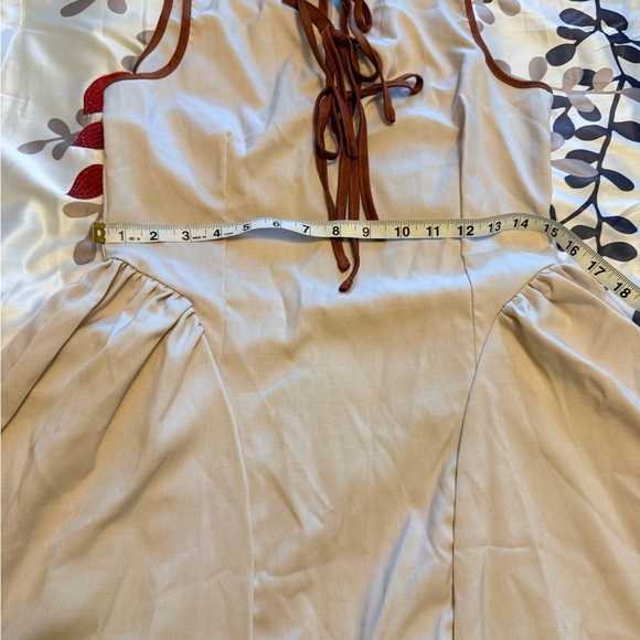Beige & Brown Three Tie Bow Design Mini Dress spring summer ruched waist - Picture 6 of 7